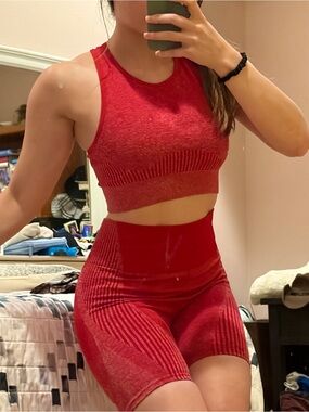 Fabletics Cherry Red Sports Bra and Shorts Workout Set
